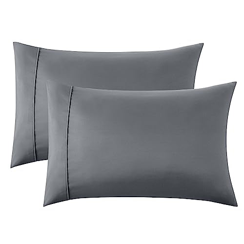 Unique Bargains 2pcs Brushed Zipper Closure Microfiber Pillowcases Dark Gray Queen