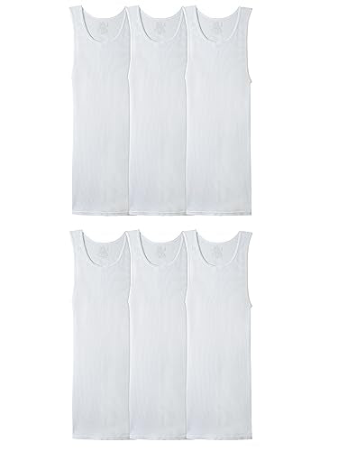 Fruit of the Loom Men's Sleeveless Tank A-Shirt, Tag Free & Moisture Wicking, Ribbed Stretch Fabric, 6 Pack-White, Large
