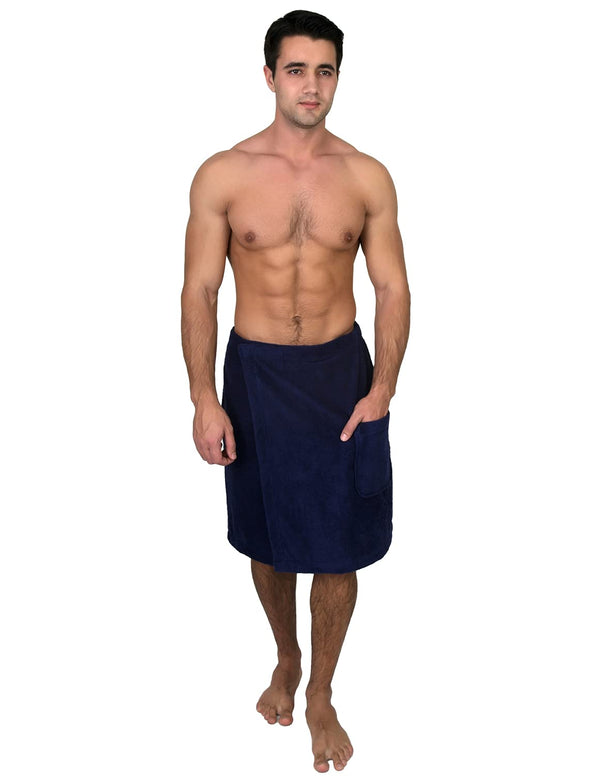 TowelSelections Mens Shower Wrap Adjustable Cotton Terry Bath Gym Cover Up with Snaps Small/Large Patriot Blue