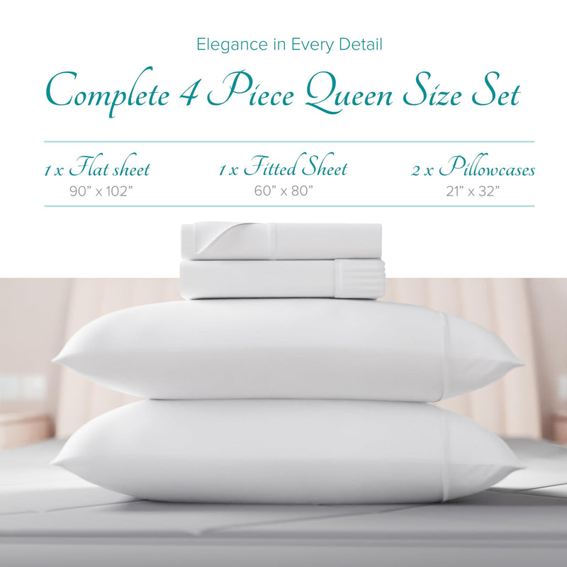 Carressa Linen 100% Egyptian Cotton Sheets Queen Size 800 Thread Count 4 PC Crisp White Cotton Sheets for Queen Size Bed, Extra Long Staple Soft Cooling Sheets, Luxury Hotel Sheets, 16 in Deep Pocket