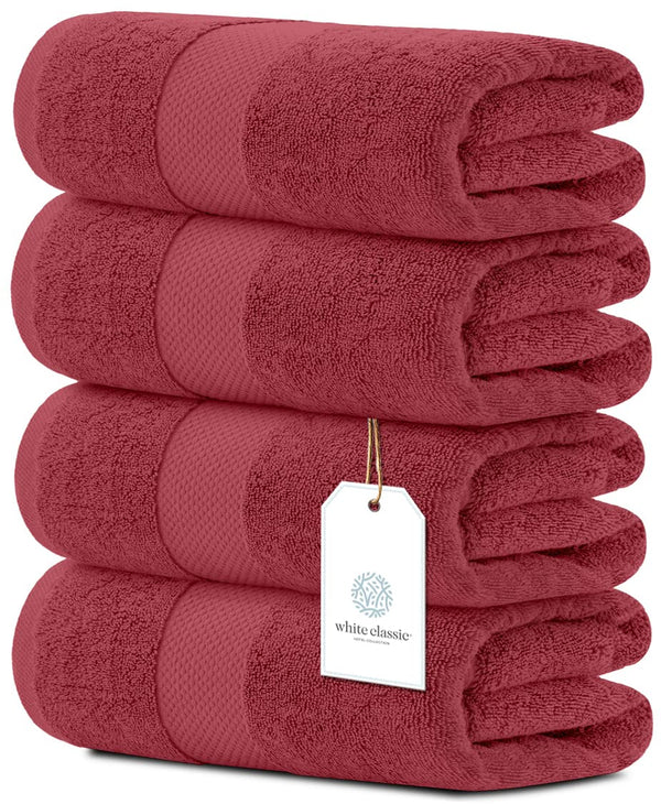 White Classic Luxury Red Bath Towels Extra Large | 100% Soft Cotton 700 GSM Thick 2Ply Absorbent Quick Dry Hotel Bathroom Towel | 27x54 Inch | Christmas Red | Set of 4