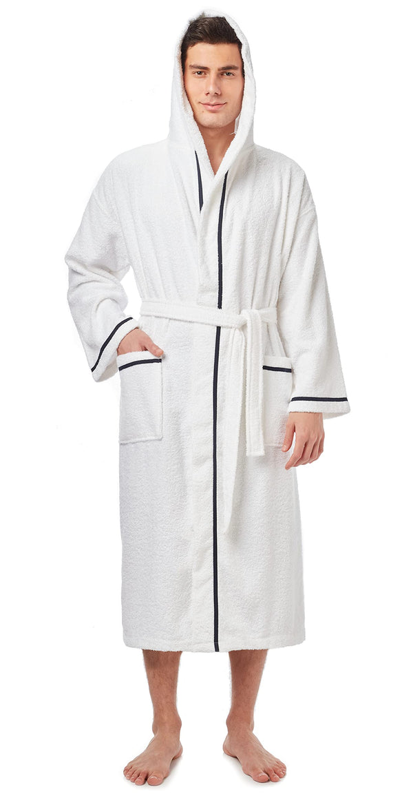 Arus Men's Hooded Classic Bathrobe Turkish Cotton Robe with Full Length Options, White w Navy Large-X-Large