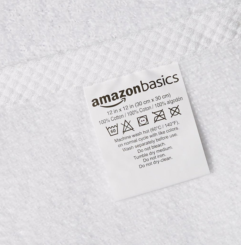 Amazon Basics - 12 Piece Quick-Dry Washcloth, 100% Cotton, White, 12" x 12"