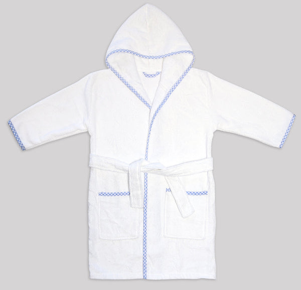 MAURA Prince George Style Bathrobe. Luxury Hooded Bathrobe White and Blue Checkered Binding Turkish Terry Bath Towel Cute and Cuddly. Super Soft and Absorbent.