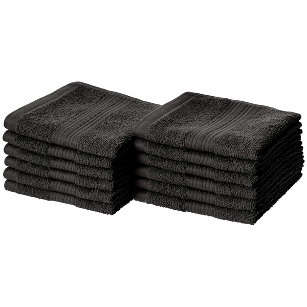 Amazon Basics Soft, Absorbent Fade Resistant Cotton Washcloths, 12-Pack, 12" L x 12" W, Black