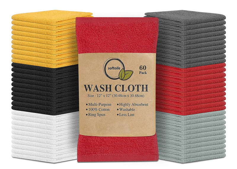 Softolle 100% Cotton Ring Spun Wash Cloths – Bulk Pack of Washcloths – 12x12 Inches – Wash Cloth for Face, Highly Absorbent, Soft and Face Towels (Assorted, 60 Pack)