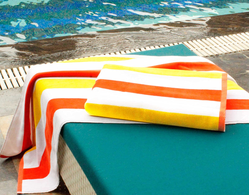 COTTON CRAFT Oversized XL Beach Towel 35 x 70-2 Pack - 100% Cotton Velour - Big & Huge - Pool Picnic Bath - Double Woven Jacquard Thick Plush Super Soft Luxury - 630 GSM- Cabana Stripe Orange Yellow