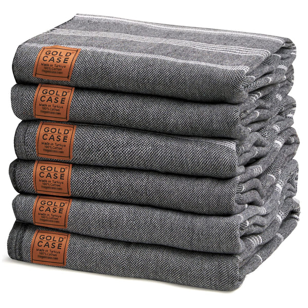 GOLD CASE HOME COLLECTION Lycia Turkish Beach Towel Set of 6-100% Cotton & Sand Free Towels for Vacation Essentials - XXL Pre Washed Quick Dry Travel Bath Towel - 70 x 38 Inches - Black