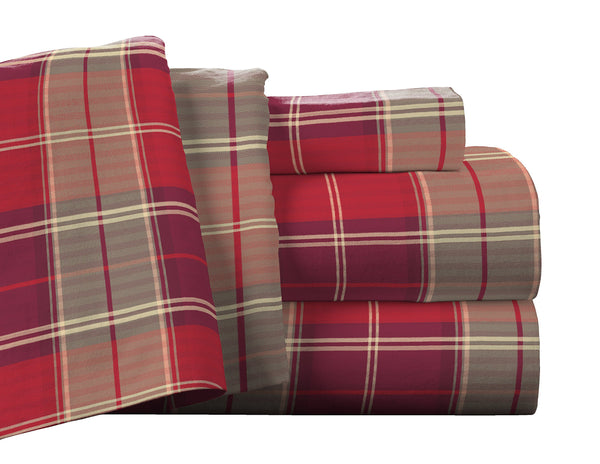 Pointehaven Flannel Deep Pocket Set with Oversized Flat Sheet, California King, Piedmont Plaid